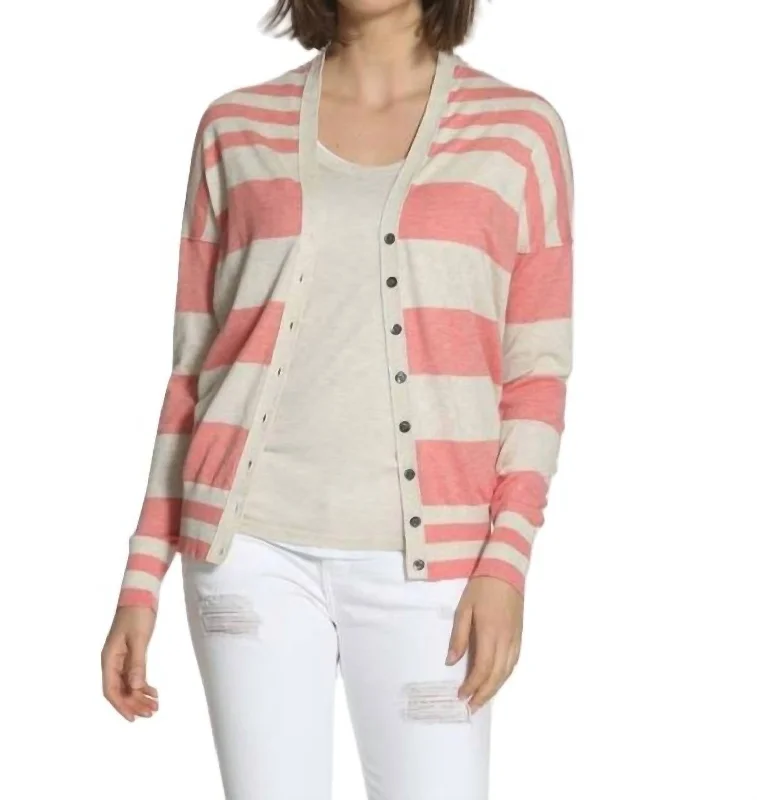 long cardigan cozy chic -Striped Cotton Cardigan In Coral/ecru