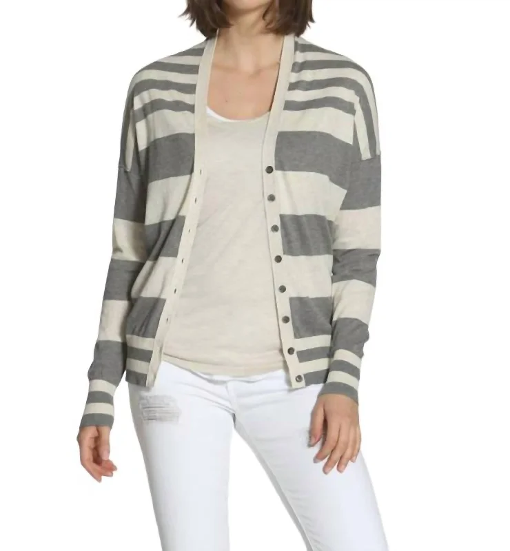 suede-jute cardigan luxe -Striped Cotton Cardigan In Grey/ecru