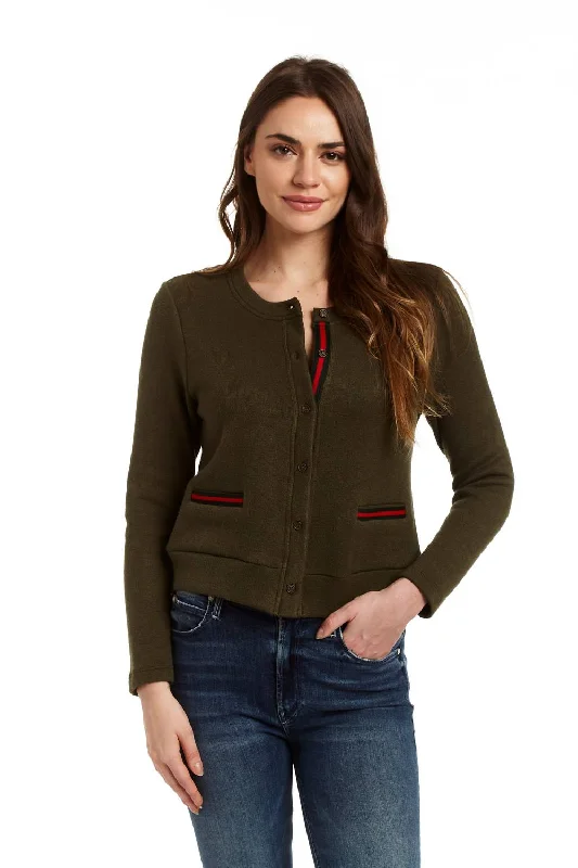 tweed-tulle cardigan classic -Tracy Ribbon Trim Cardigan In Army