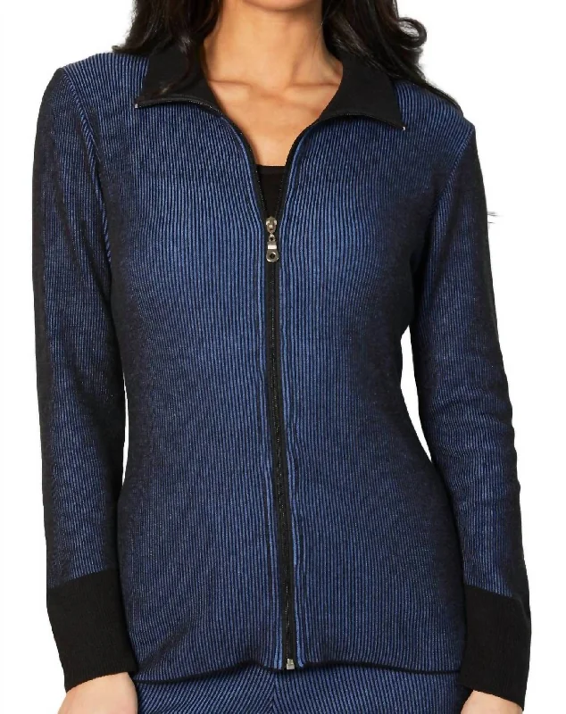 cardigan with ruched trim -Two Tone Ribbed Cardigan In Cadet