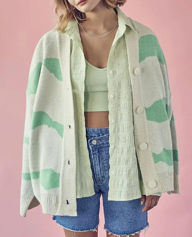 silk-jute cardigan luxe -Two-Tone Wavy Stripe Knit Cardigan In Green