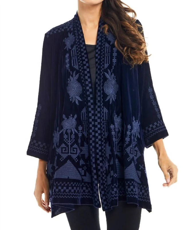 wool-velvet cardigan warm -Velvet Embroidered Cardigan In Blue