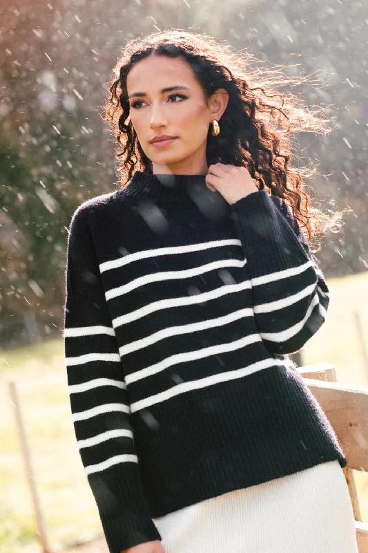 pullover sweater with draped slits -Alaska Black Stripe Funnel Neck Knit Jumper