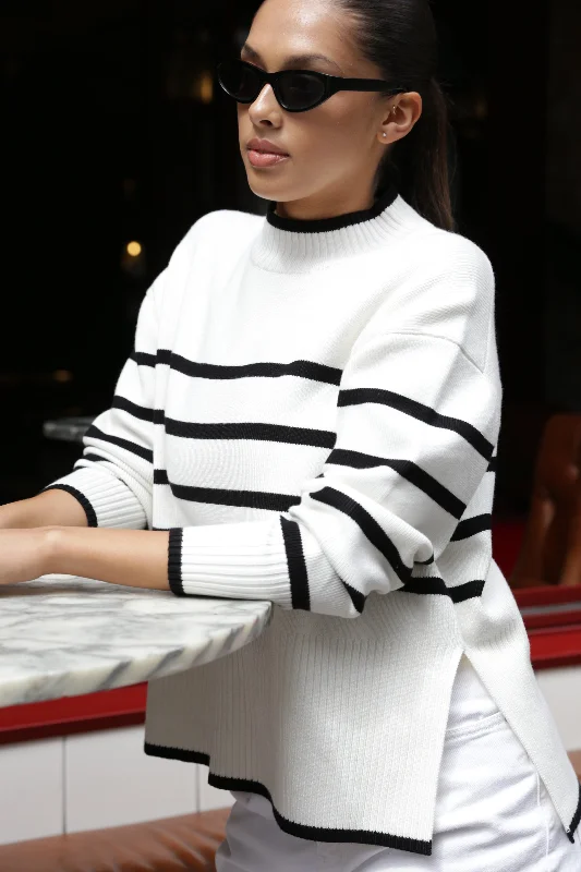 cropped pullover sweater dance vibe -Ardent White Stripe Funnel Neck Jumper