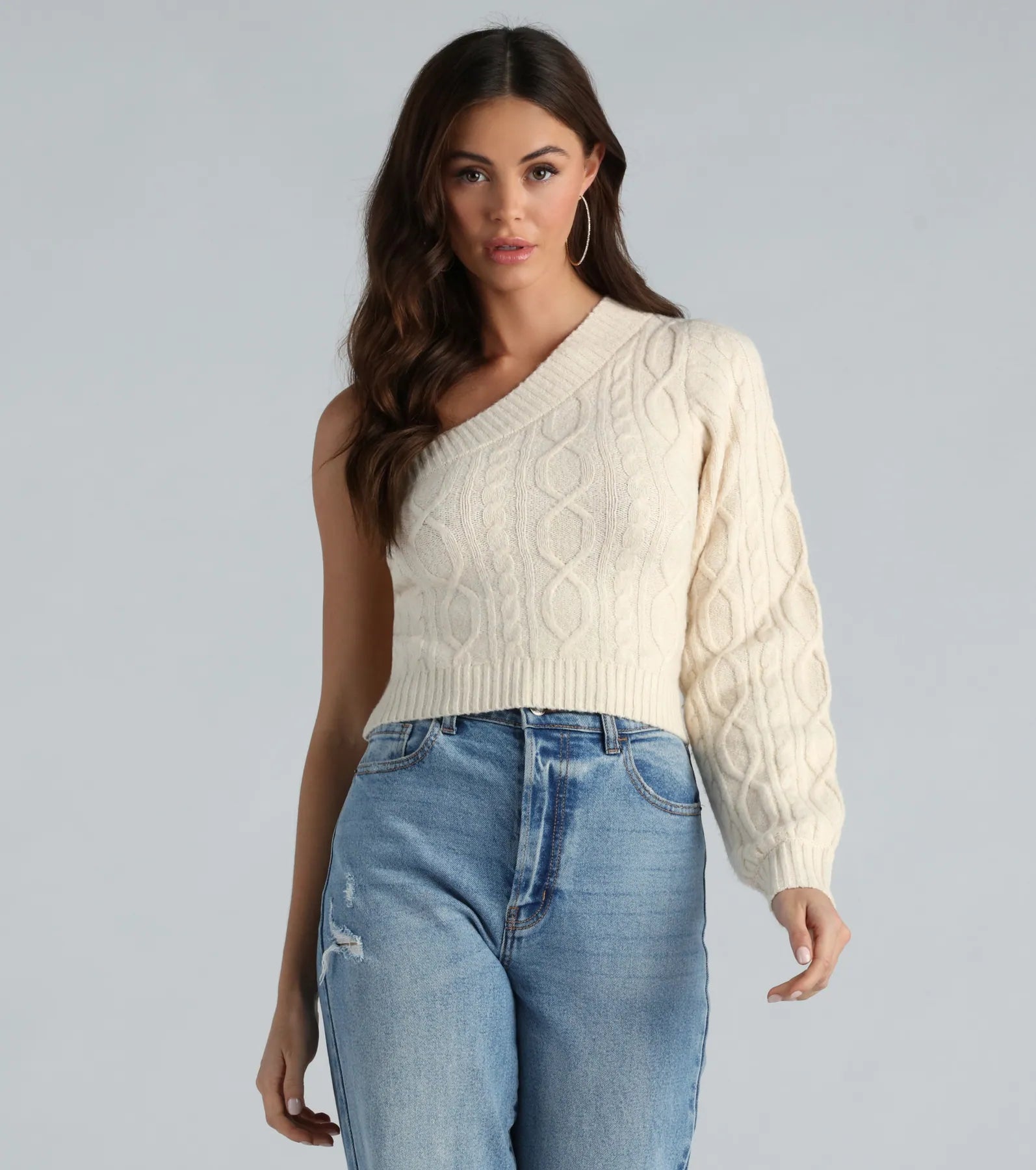 cropped pullover sweater lounge chic -Better Half Cable Knit One Shoulder Sweater Top