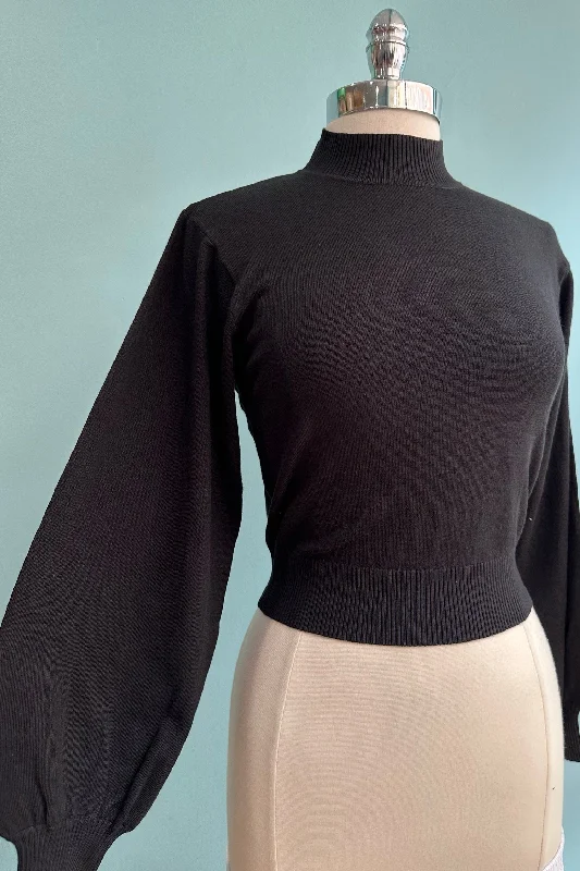 short pullover sweater lounge chic -Black Balloon Sleeve Cropped Sweater by Banned