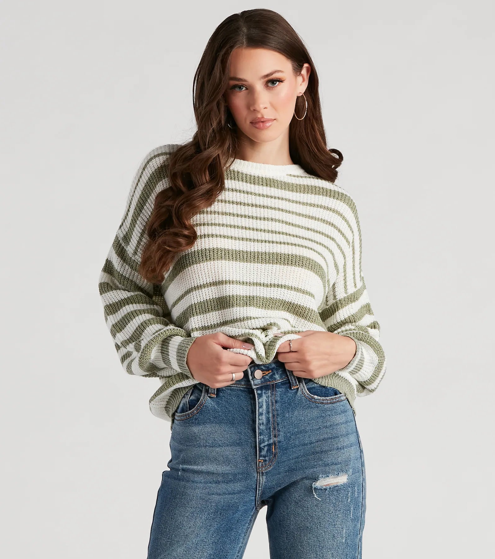 suede-wool pullover sweater warm -Casual Cute Striped Oversized Sweater