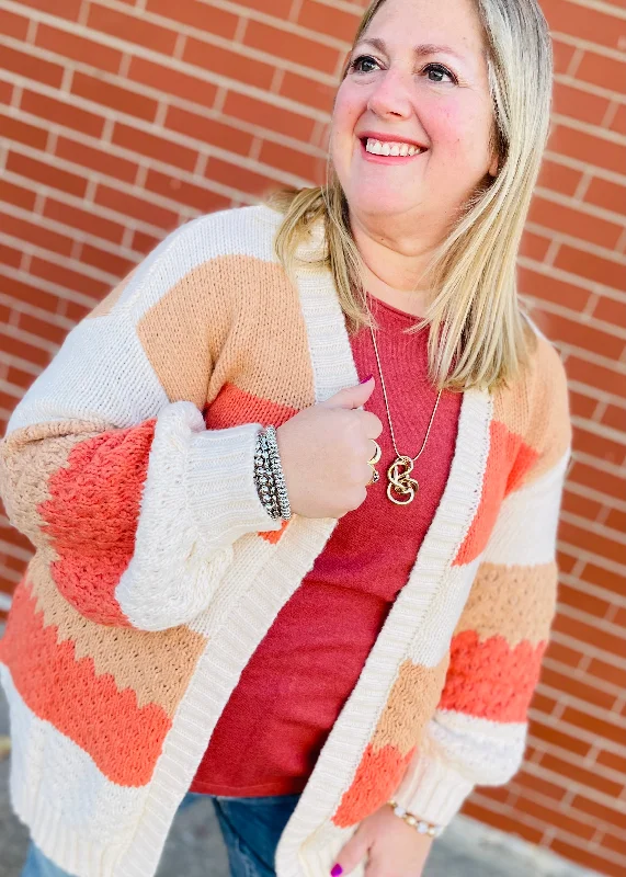 cardigan with lattice trim -Cream & Orange Colorblock Cardigan