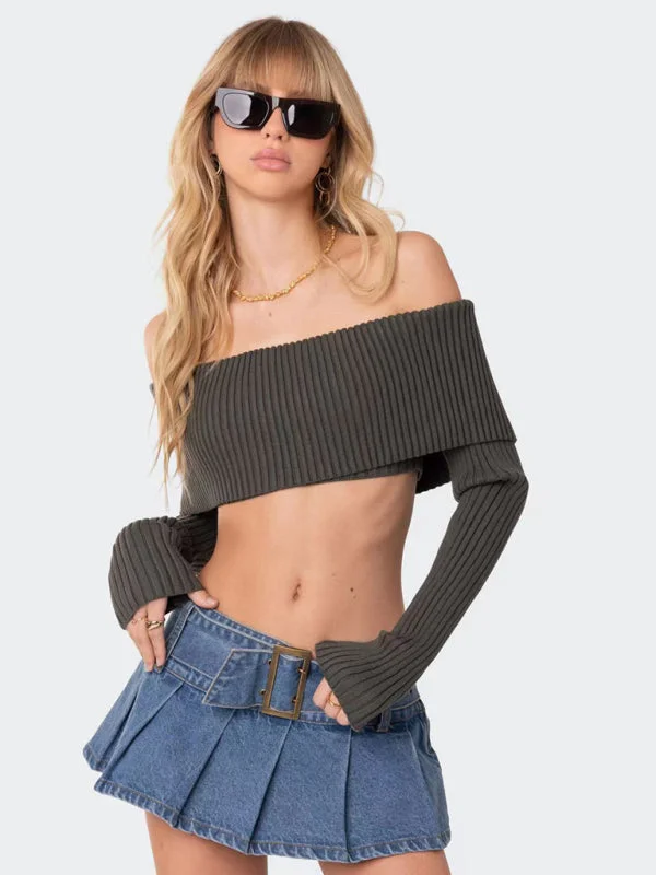 pullover sweater with lattice hem -TastyHottie - Crop Sweater Comfortable and sexy Crop top Sweater Top woolen chest-wrapped long-sleeved sweater