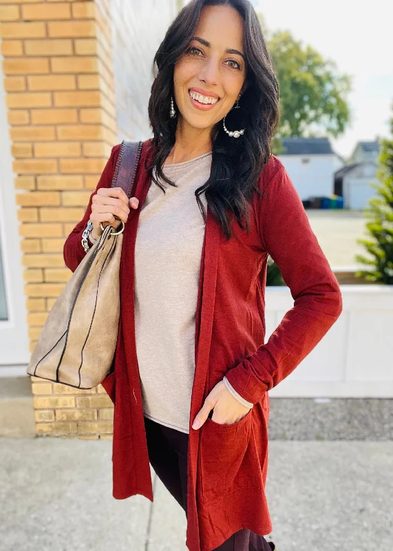 cardigan with amber trim -Dark Rust - Slouchy Pocket Cardigan