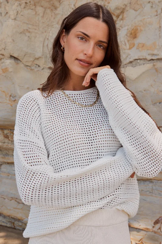 pullover sweater with bead hem -Dawn Ivory Crochet Knit Jumper