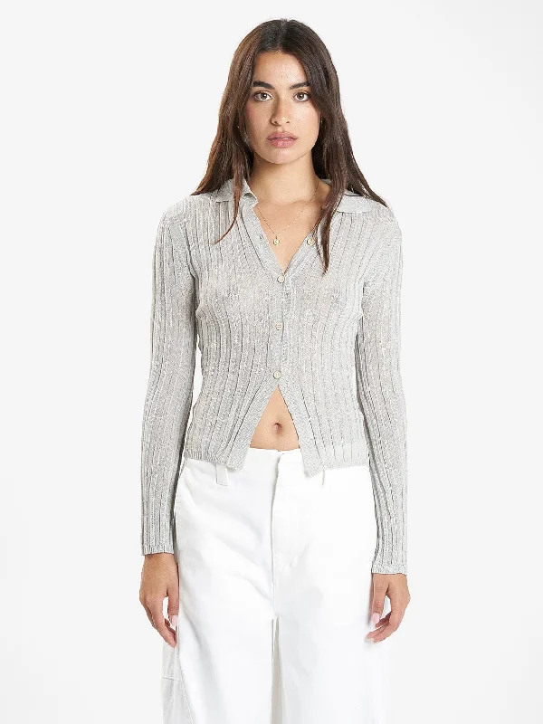 cardigan with lattice hem -Delphine Knit Cardigan - Oyster Grey