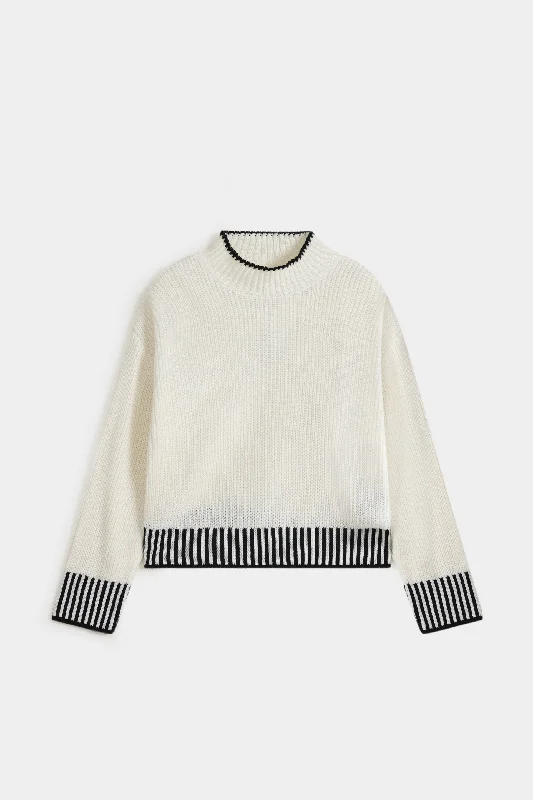 pullover sweater with mesh detail -Turtle Neck Contrast Sweater