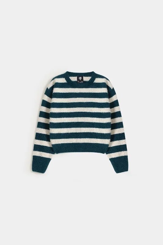 silk-organza pullover sweater airy -Cropped Crew Neck Striped Sweater