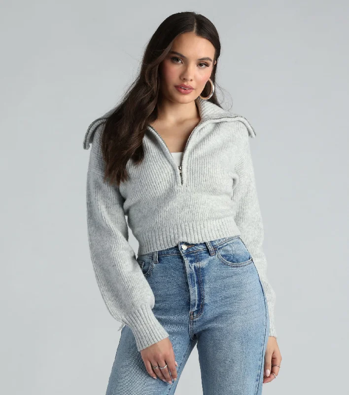 pullover sweater kids comet glow -Give Me Cozy Half-Zip Fuzzy Knit Crop Sweater