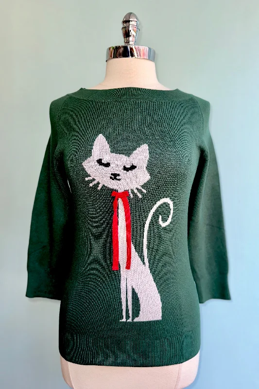 basalt pullover sweater dark sheen -Green Christmas Cat Sweater