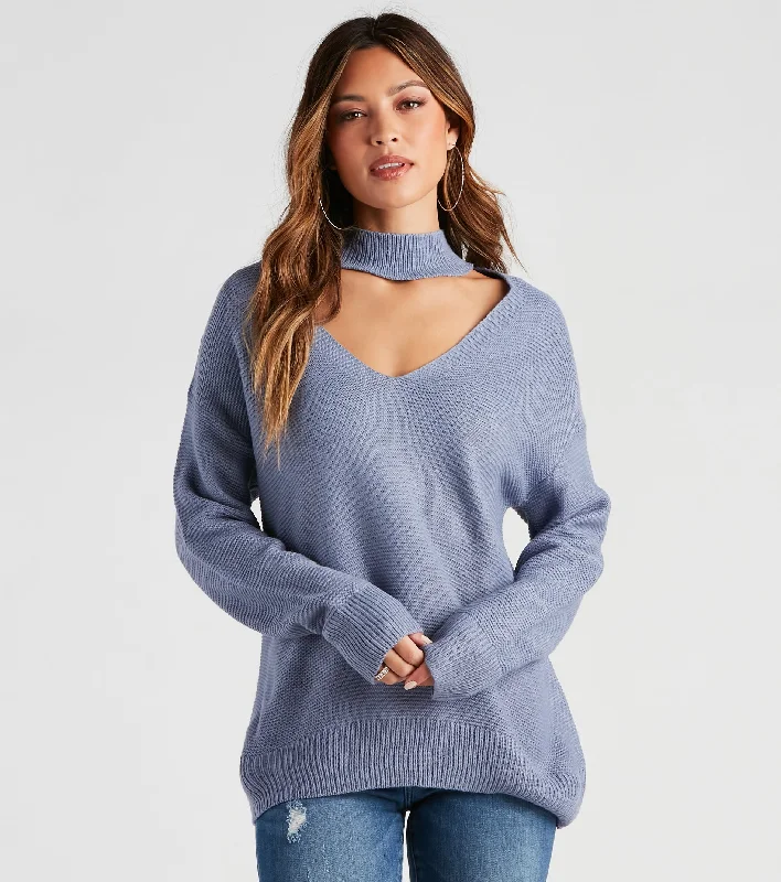 pullover sweater with twisted trim -Keeping Knit Chic Mock Neck Sweater