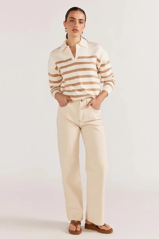 clove pullover sweater rich shade -Kennedy White Natural Stripe Polo Knit Jumper