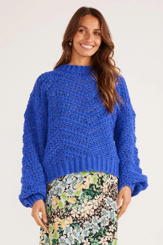 pullover sweater with sequin trim -Luna Sapphire Zig Zag Knit Jumper