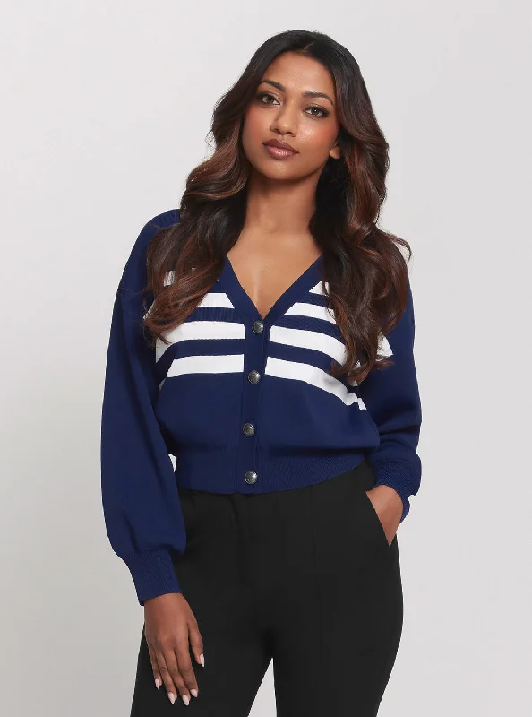 suede-ramie cardigan luxe -Navy Stripe Rachel Knit Cardigan