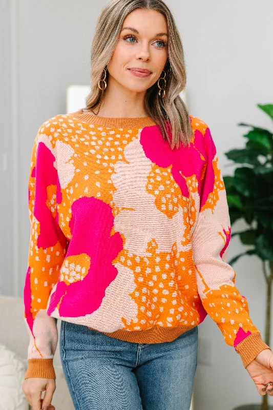 pullover sweater with twisted trim -Never Been Better Hot Pink Floral Sweater