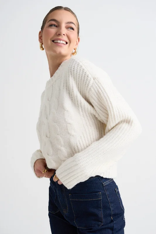 pullover sweater with feather accents -Nexus Ivory Cable Knit Jumper