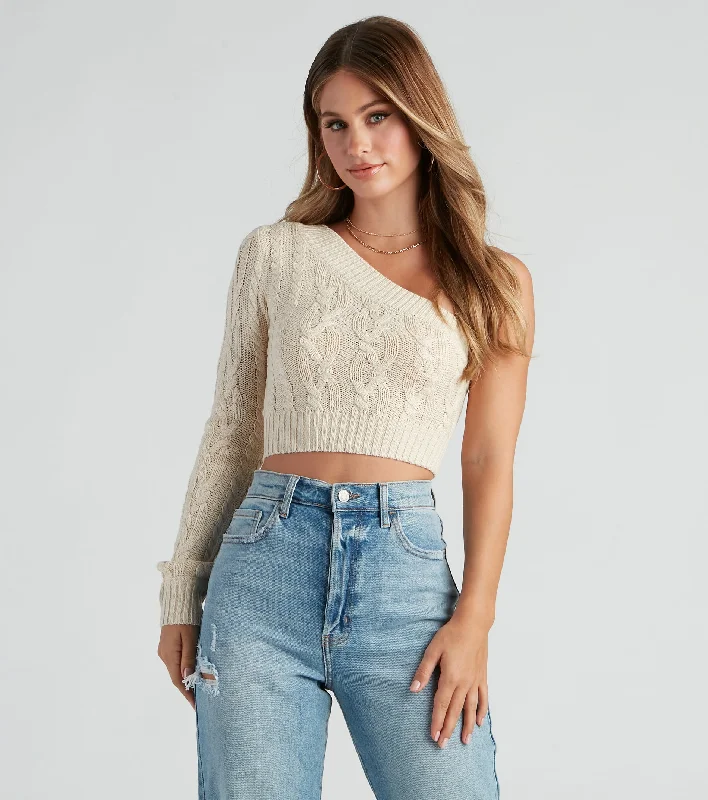 pullover sweater with shell hem -One Shoulder Bliss Crop Sweater