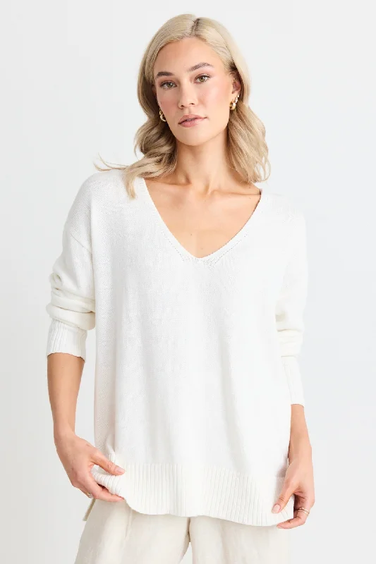 pullover sweater with lattice detail -Quartz Ivory Relaxed V Neck Jumper