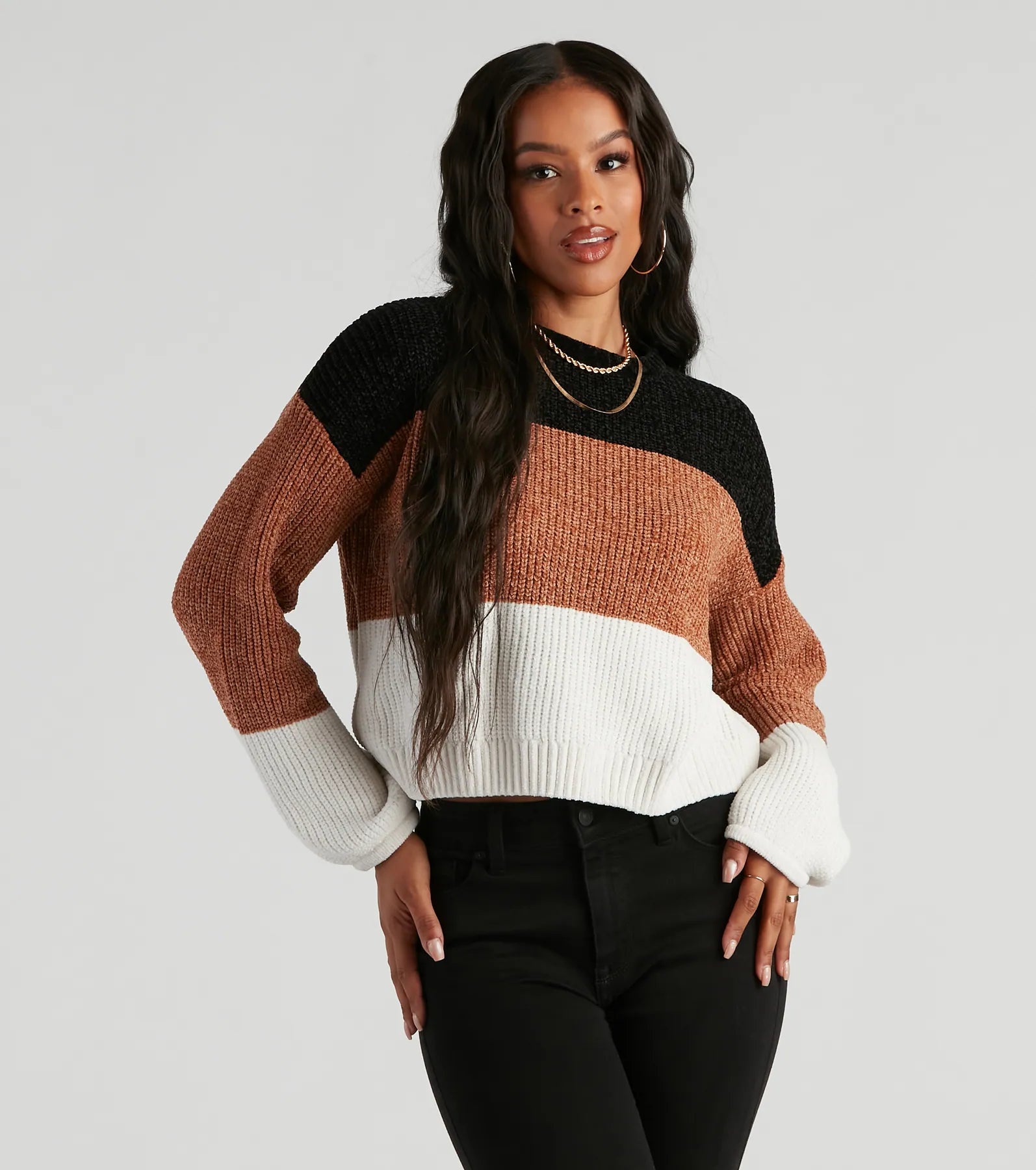 ochre pullover sweater golden shine -Real Sweet Colorblock Chenille Sweater