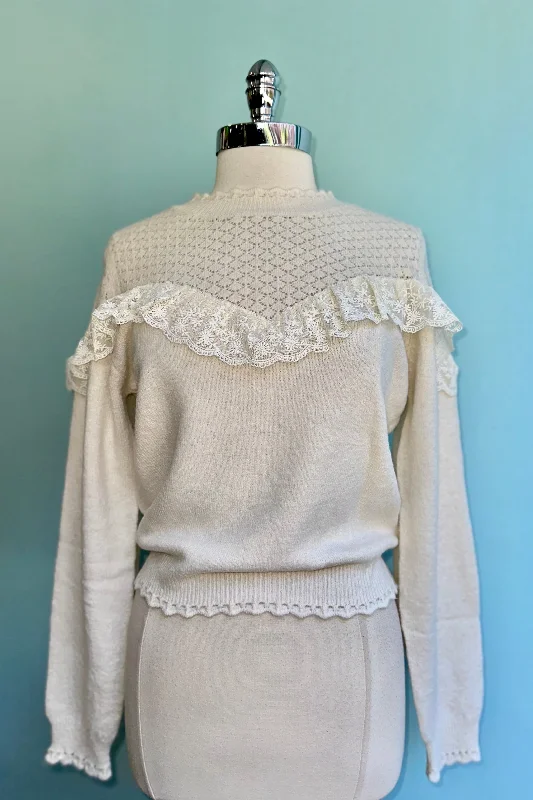 pullover sweater kids starry design -Cream Ruffled Pointelle Sweater by Molly Bracken