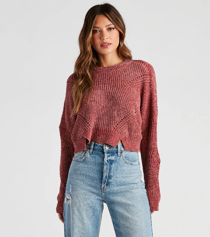 pullover sweater with coral trim -Seasonal Treat Chenille Crop Sweater