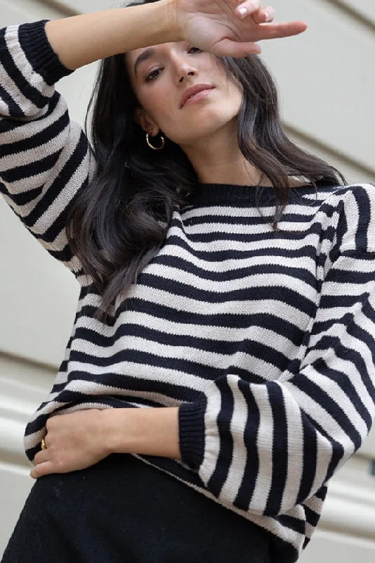 pullover sweater with bead hem -Sierra Black Stone Stripe Knit Jumper