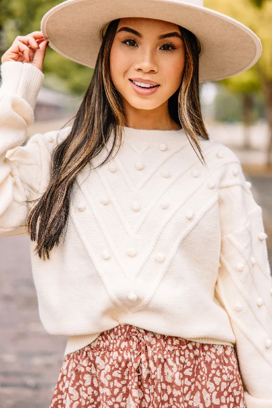 long pullover sweater evening chic -Simple Love Ivory White Pompom Sweater