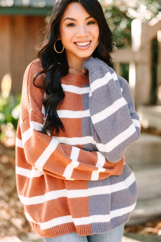 pullover sweater with feather trim -Spend The Day Brick-Charcoal Striped Sweater