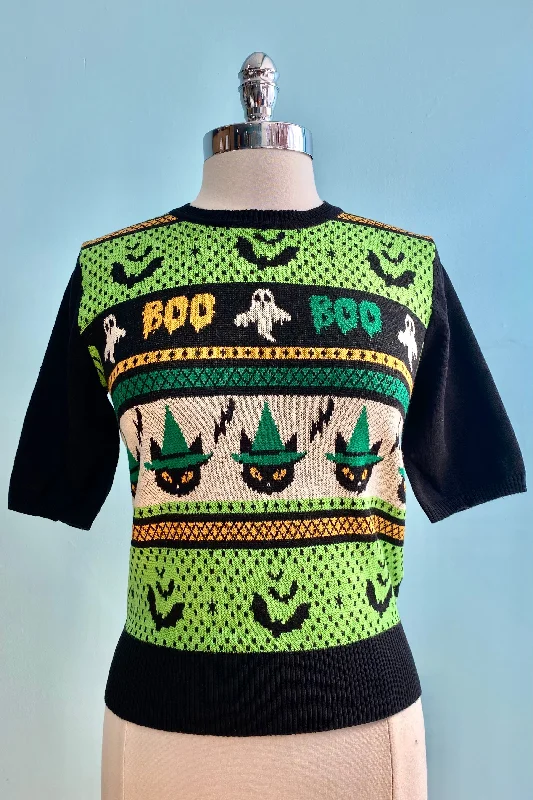 pullover sweater with ruched trim -Spooky Boo Short Sleeve Sweater by Banned