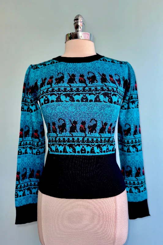 ochre pullover sweater golden hue -Teal Black Cats and Snowflakes Sweater