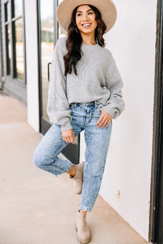 pullover sweater with sequin trim -The Slouchy Light Gray Bubble Sleeve Sweater