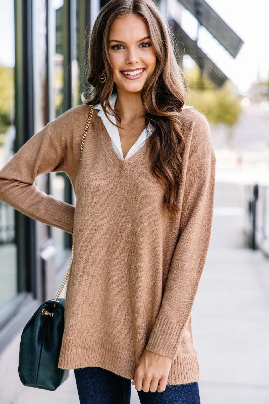 shale pullover sweater muted tone -Top Of The Class Camel Brown Sweater