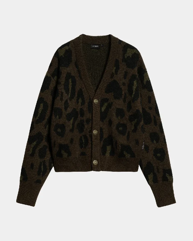 cardigan men nomad plaid -Women’s Merton Cardigan | Tamarind Camo Leopard Jacquard