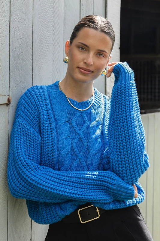 pullover sweater with ruched hem -Wyatt Sky Blue Cable Knit Jumper