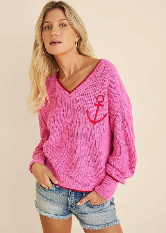 pullover sweater with knot trim -Anchor V-Neck Sweater - Hot Pink