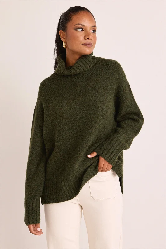 pullover sweater with sequin hem -Zealous Dark Khaki Roll Neck Super Soft Knit Jumper