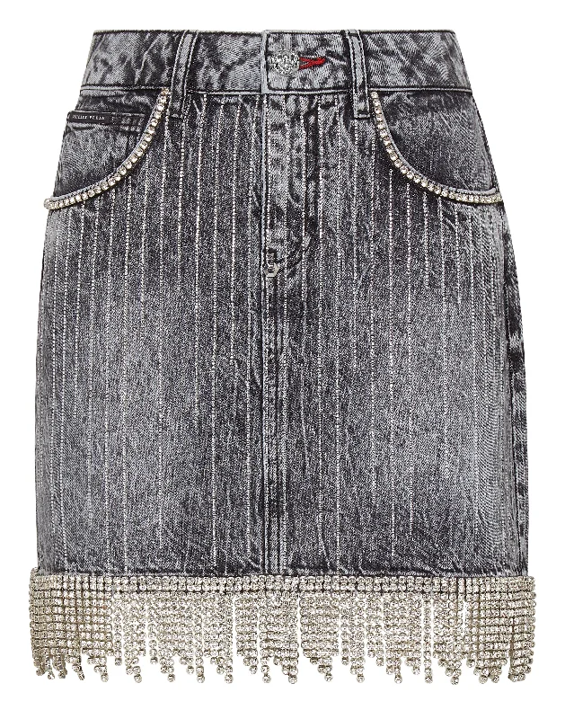 gym sleek skirts -Denim Skirt Crystal Fringe