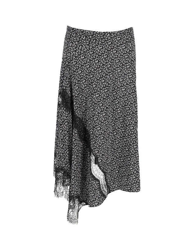 tie flow skirts -Joseph Lace-Trimmed Floral Midi Skirt in Black Silk