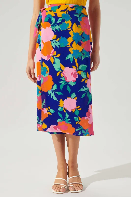 zinc pop skirts -Midi Crepe Faux Wrap Dress In Cobalt/pink/jade