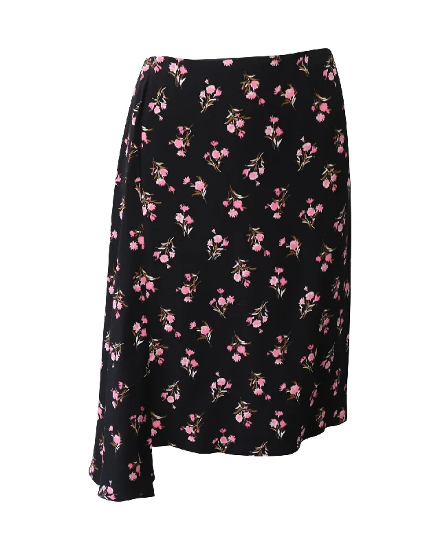 tight rest skirts -Prada Floral-Print Midi Skirt with Draped Detail in Black Viscose