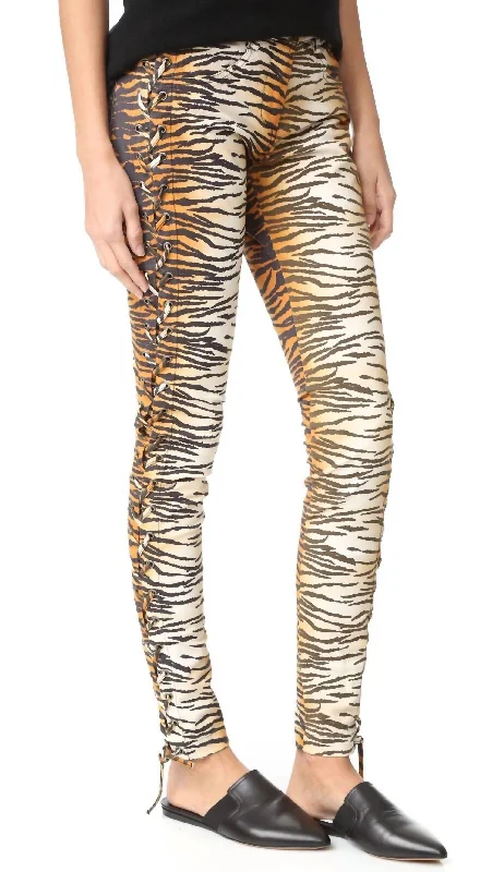 gunmetal comfy pants -Animal Print Tiger Side Lace Up Dent Pants In Multicolor