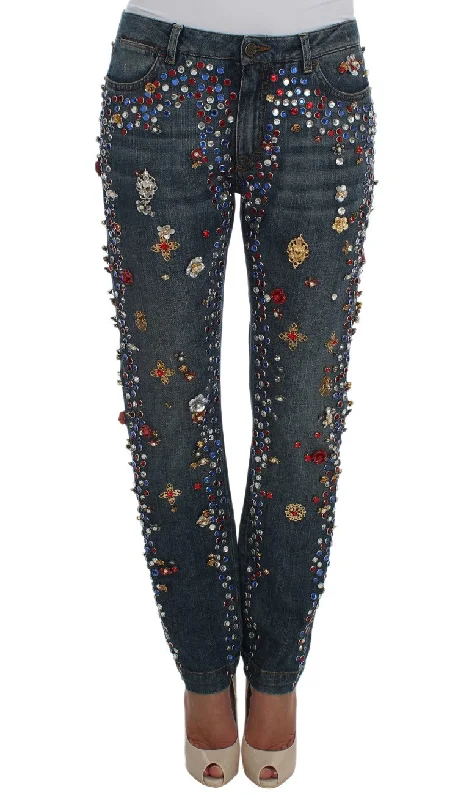 gym ready pants -Dolce & Gabbana Enchanted Sicily Crystal Heart Boyfriend Women's Jeans