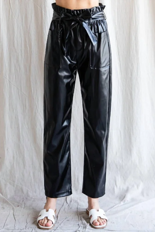 chili stretch pants -Faux Leather Belted Waist Pants In Black