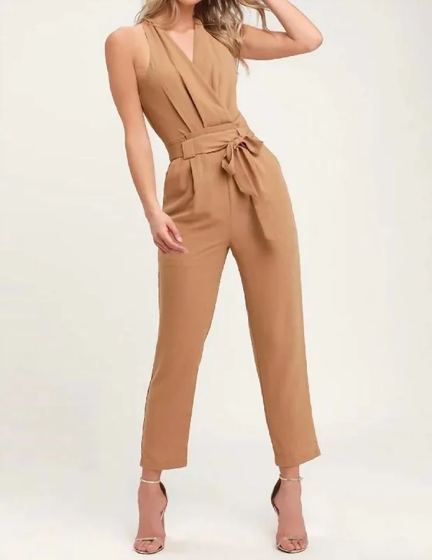 sport ease pants -Halter Neck Belted Jumpsuit In Camel